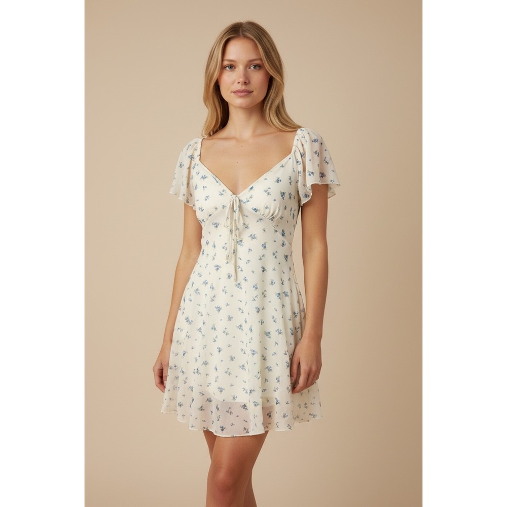 Jessica Simpson Blue Floral Flutter Sleeve Mini Dress XS Cottagecore Cream
